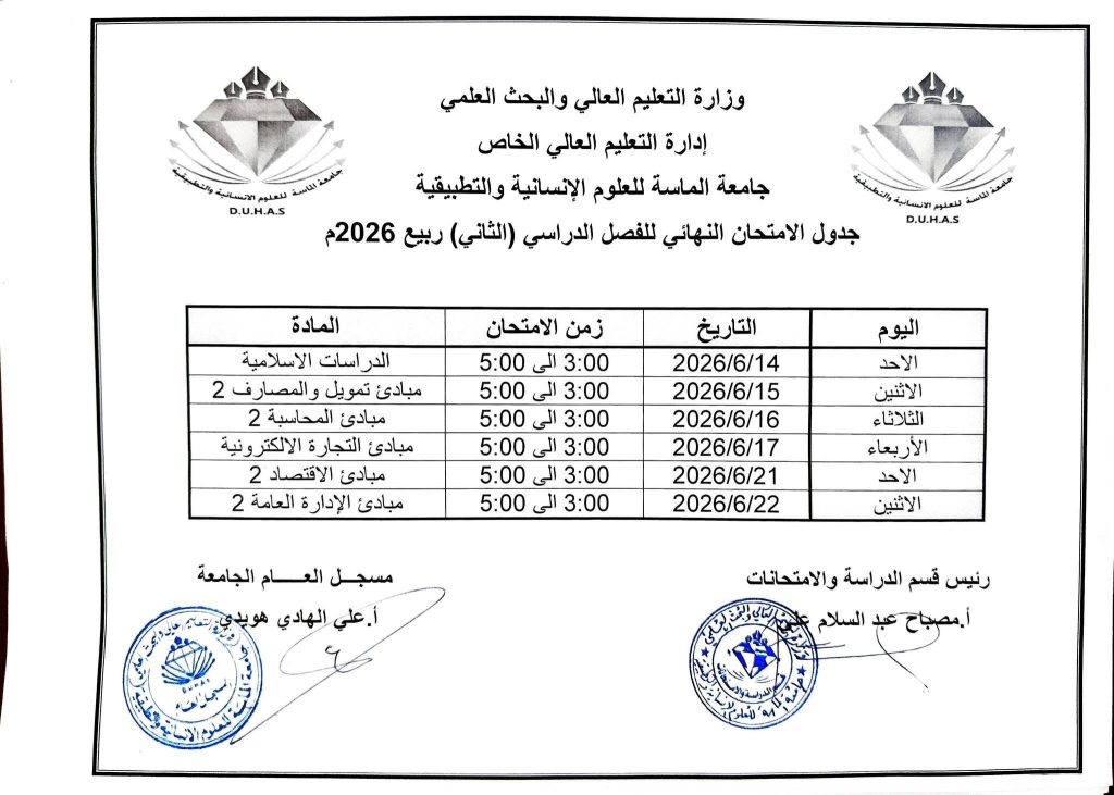 جدول الفصل الثاني
